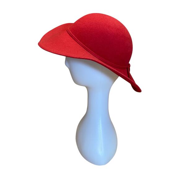 1970s Red Wool Felt Hat – Wide Brim Sculptural Vintage Hat w/ Bow Detail